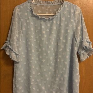 Light blue Swiss dot chiffon ruffle-neck and sleeve blouse